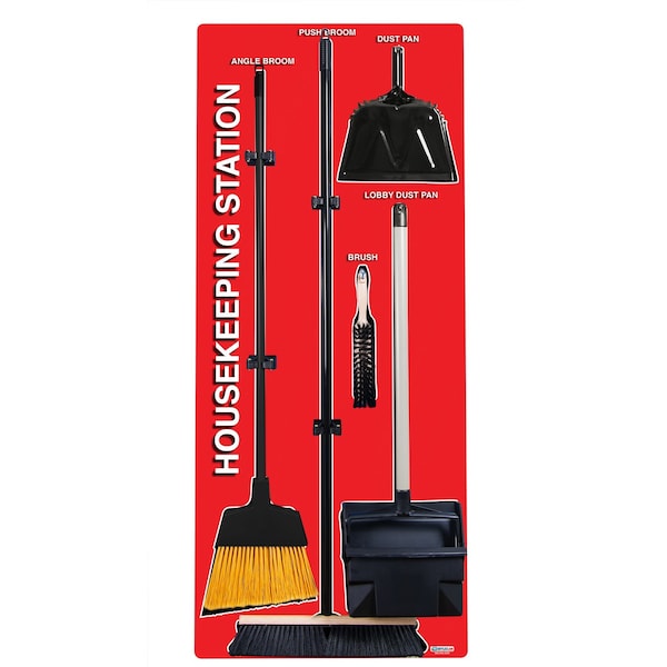 5S Housekeeping Shadow Board Broom Station Version 1 - Red Board / Black Shadows  With Broom